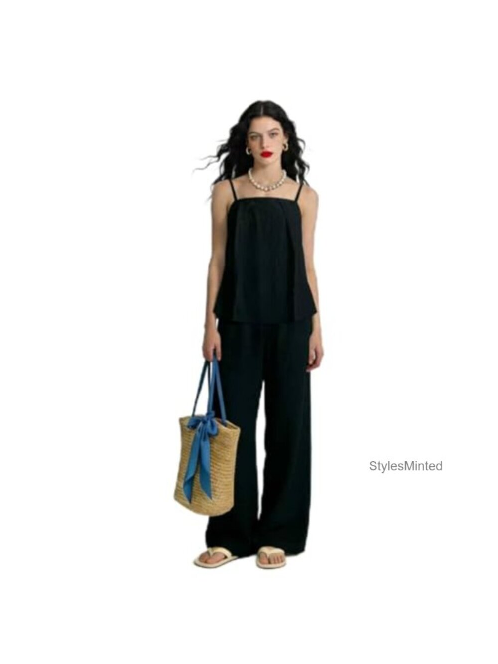 Linen Blend 2 Piece Camisole Wide Leg Pant Set Sleeveless Loose Fit Summer